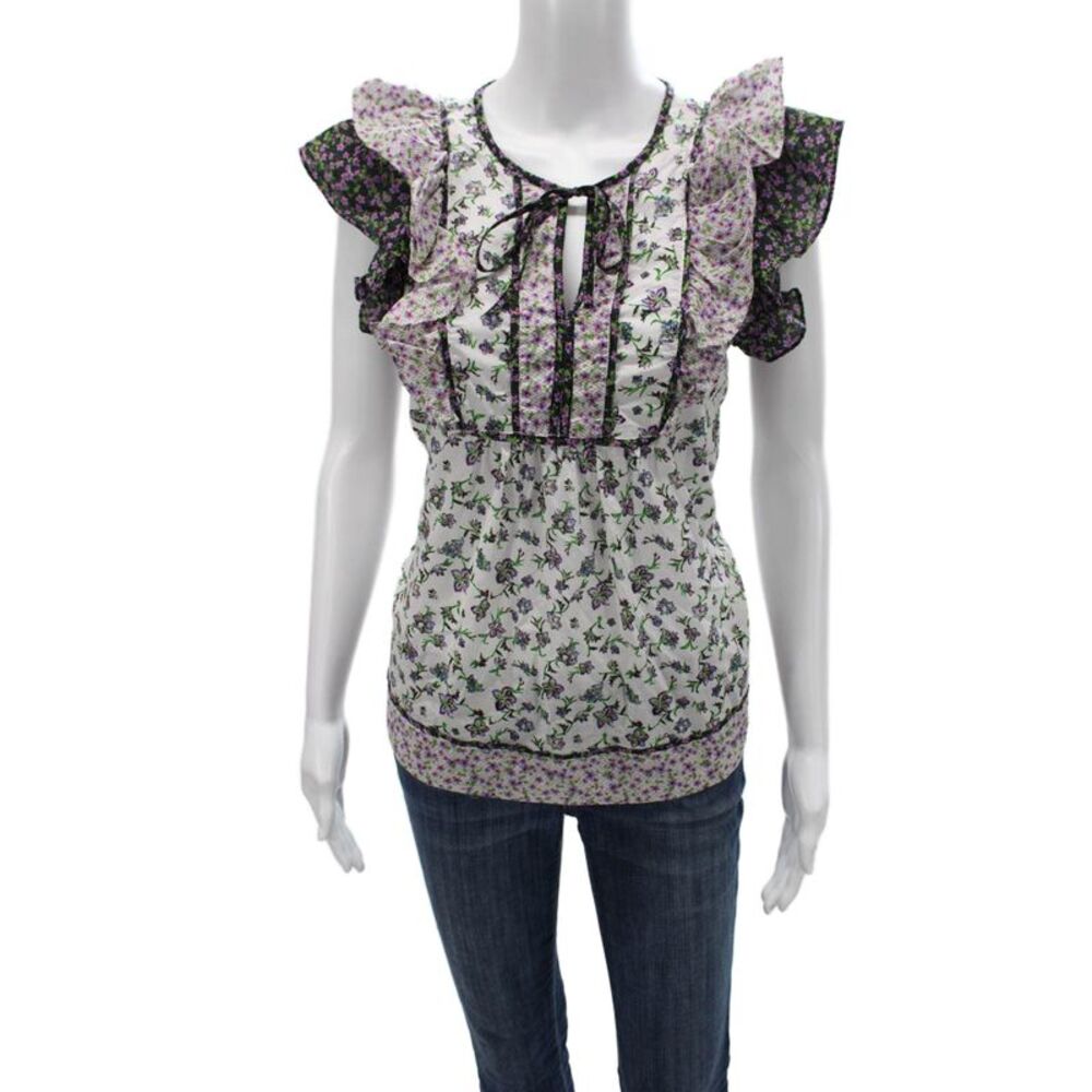 Carolina Belle Womens White Floral V-Neck Cotton Tie Blouse Size M